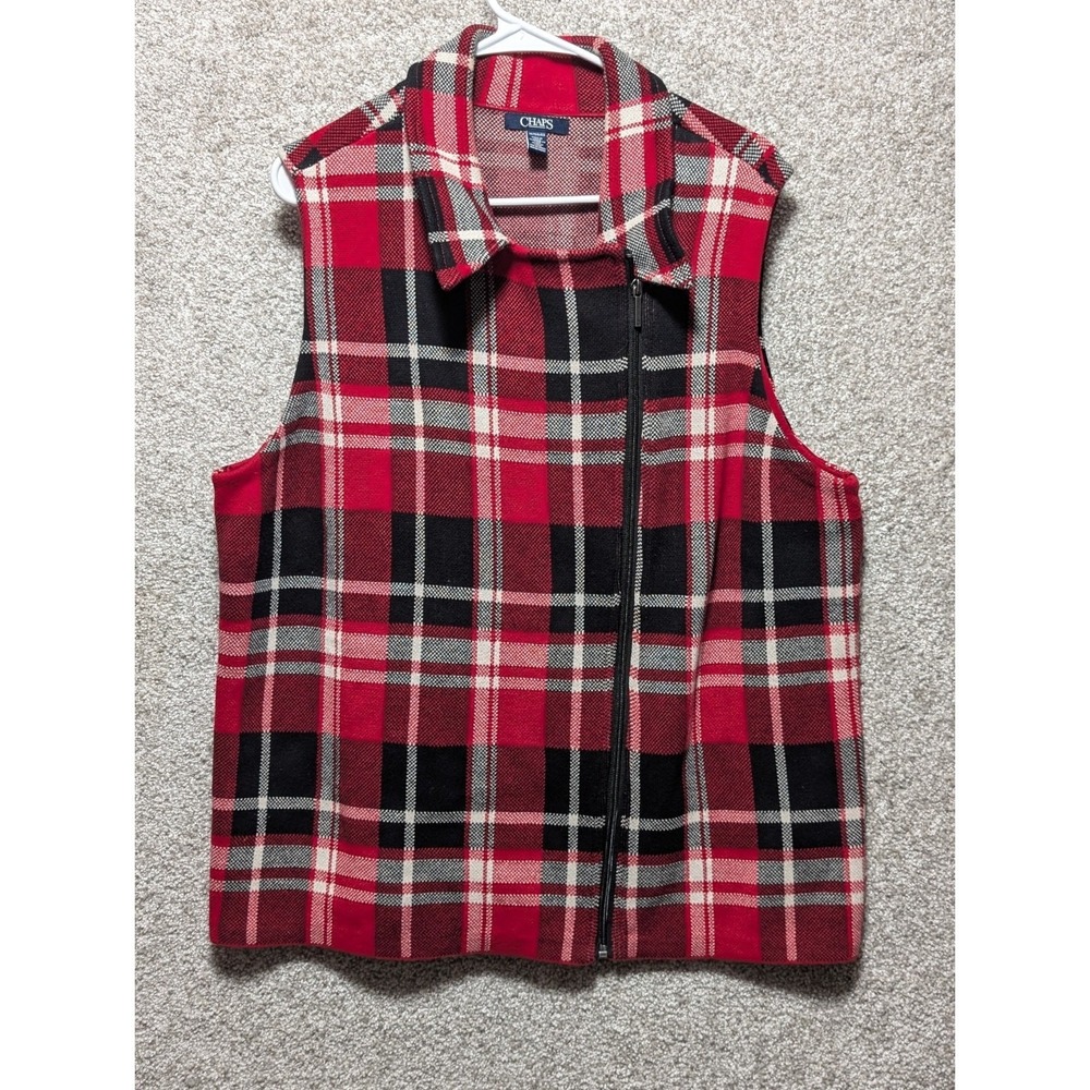 Chaps Red Plaid Vest Womens 1X Asymmetric Zip Sleeveless Knit Off Set